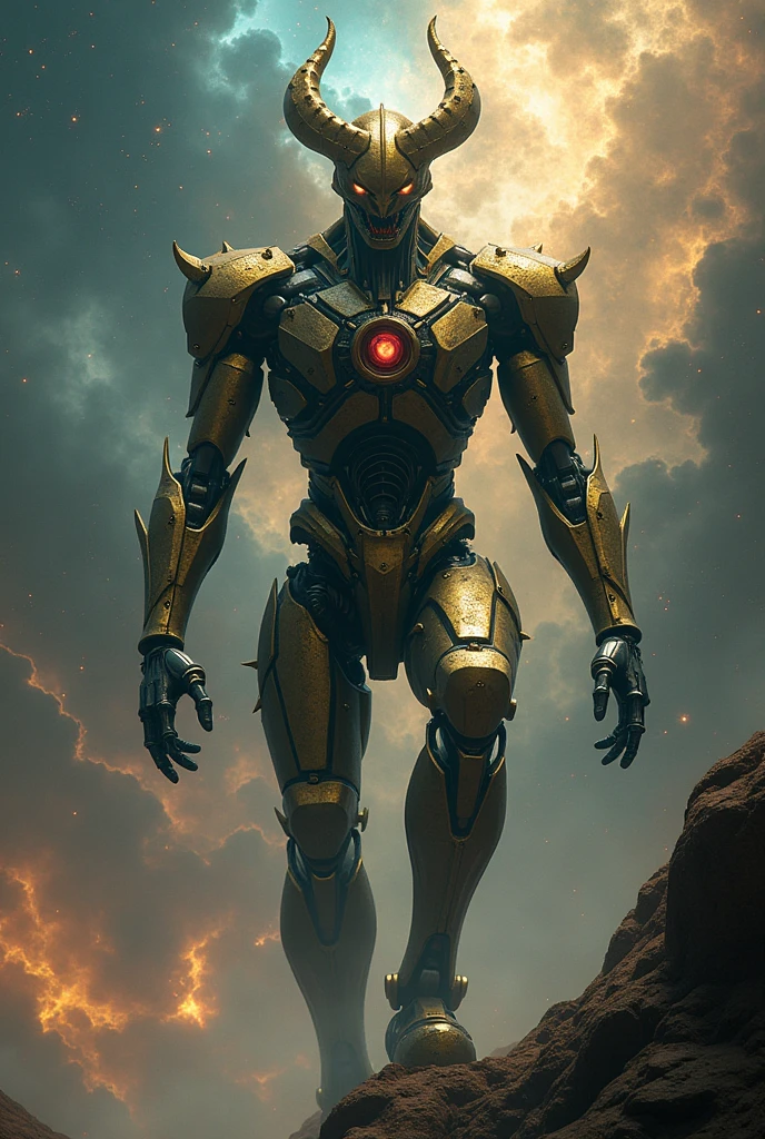 A robotic demon with golden parts with souls coming out of its back, as he is leaving the Andromeda Galaxy