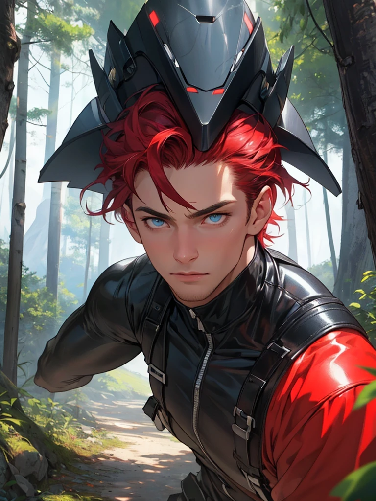 (Best quality), masterpiece, very courageous and courageous, extremely detailed, 2k wallpaper, amazing, finely detail, extremely detailed, 8k wallpaper, huge file size, ultra detailed, a high resolution, extremely detailed eyes and face, beautiful detailed nose, beautiful detailed eyes, Light on your face, (1 person, mature face), realistic face, realistic body, big bulge, man, 30 years, very short haircut, shaved temples, Red hair, Blue eyes, thick stubble, Dressed in a black latex suit, A full body suit, posing in full height, against the background of mountains and forest, He is wearing a jacket over a latex suit
