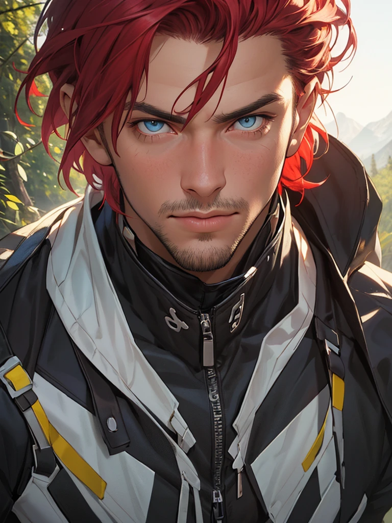 (Best quality), masterpiece, very courageous and courageous, extremely detailed, 2k wallpaper, amazing, finely detail, extremely detailed, 8k wallpaper, huge file size, ultra detailed, a high resolution, extremely detailed eyes and face, beautiful detailed nose, beautiful detailed eyes, Light on your face, (1 person, mature face), realistic face, realistic body, big bulge, man, 30 years, very short haircut, shaved temples, Red hair, Blue eyes, thick stubble, Dressed in a black latex suit, A full body suit, posing in full height, against the background of mountains and forest, He is wearing a jacket over a latex suit
