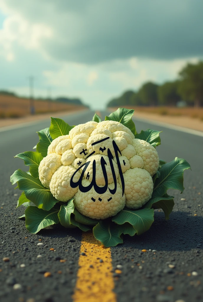 There is a cauliflower on a road. Allah is written on that cauliflower. And a car has collided with it. Make an image and show it.