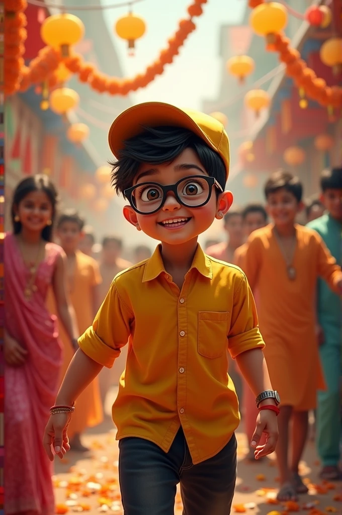 My name is Abhishek, I am a young boy, I am big, my shirt is yellow and my pants are black, I have a cap on my head and black glasses Janmashtami photo 