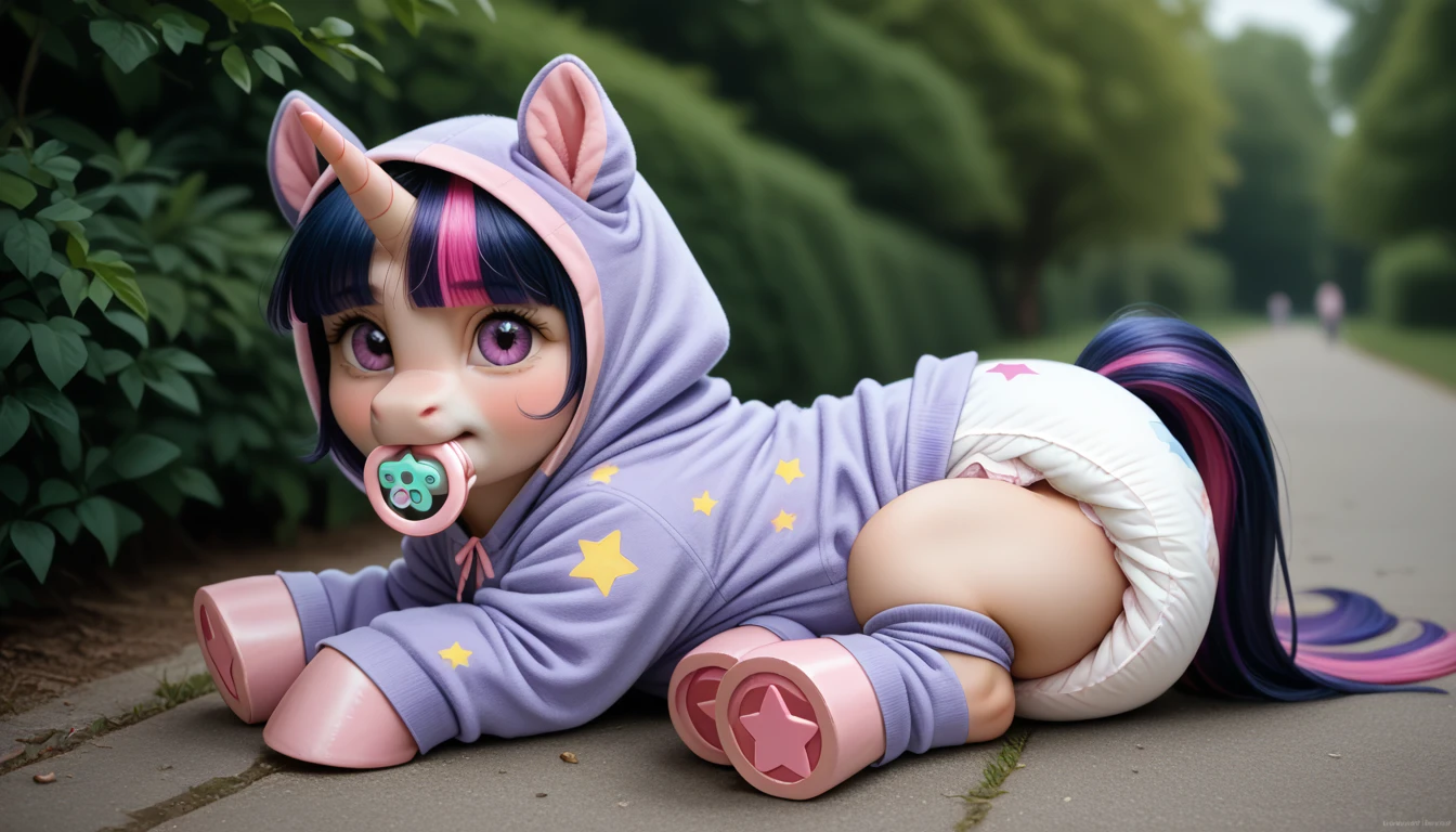 pony, purple unicorn, dark blue mane with purple streak and pink streak, the tail is dark blue with a purple strand and a pink strand, purple eyes, on the side close to the back hoof is a drawing of a pink star with six small stars around a central star, adult mare, sitting outside, wearing an adult-sized onesie and booties, baby adult size pacifier in mouth, solo, thick diaper under clothes, pink blush on cheeks, Embarrassment, Awkwardness. 