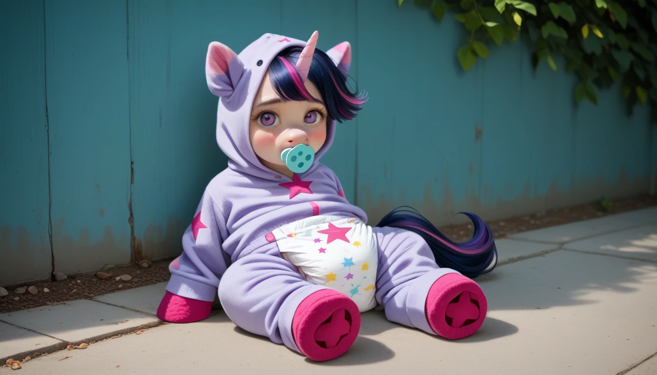 pony, purple unicorn, dark blue mane with purple streak and pink streak, the tail is dark blue with a purple strand and a pink strand, purple eyes, on the side close to the back hoof is a drawing of a pink star with six small stars around a central star, adult mare, sitting outside, wearing an adult-sized onesie and booties, baby adult size pacifier in mouth, solo, thick diaper under clothes, pink blush on cheeks, Embarrassment, Awkwardness.