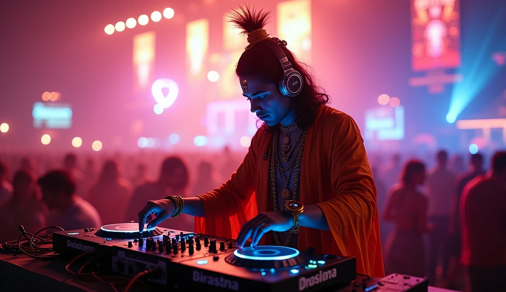 Upper body, (DJ lord krishna with headphones and microphone: 1,4), mixing console, performing at a vibrant (music festival: 1,2) with (energy people: 1,1) and (stage lights colorful: 1.1),(cinematic lighting), RAW photo, 8K