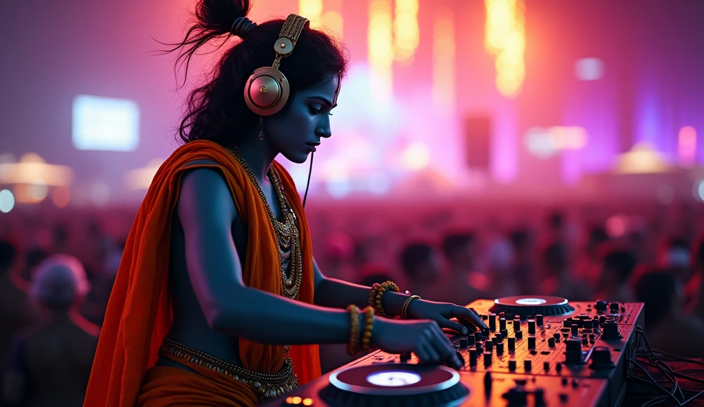 Upper body, (DJ lord krishna with headphones and microphone: 1,4), mixing console, performing at a vibrant (music festival: 1,2) with (energy people: 1,1) and (stage lights colorful: 1.1),(cinematic lighting), RAW photo, 8K