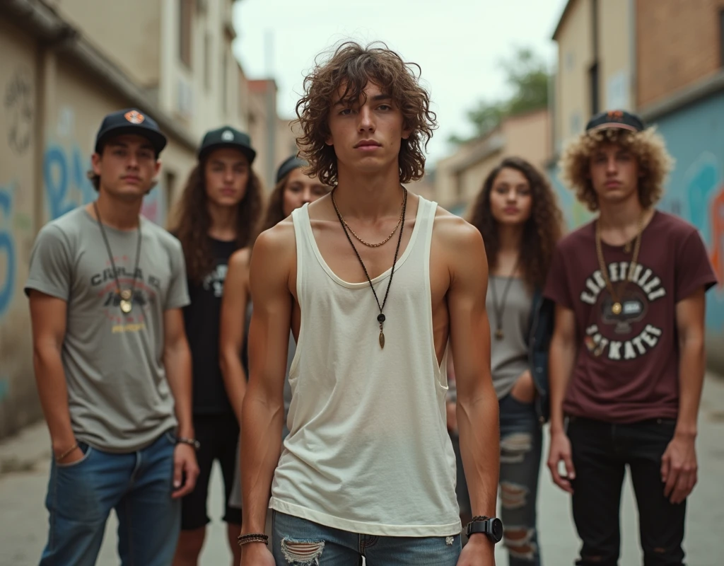 A photo of a teenager in skater fashion and his friends. Everyone is wearing a tank top
