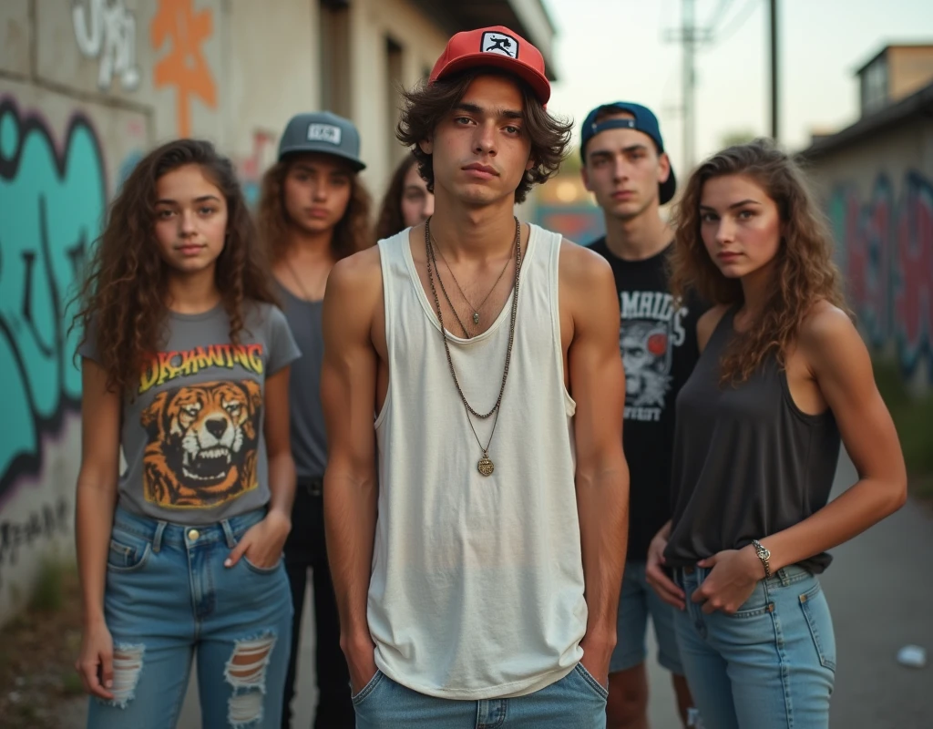 A photo of a teenager in skater fashion and his friends. Everyone is wearing a tank top