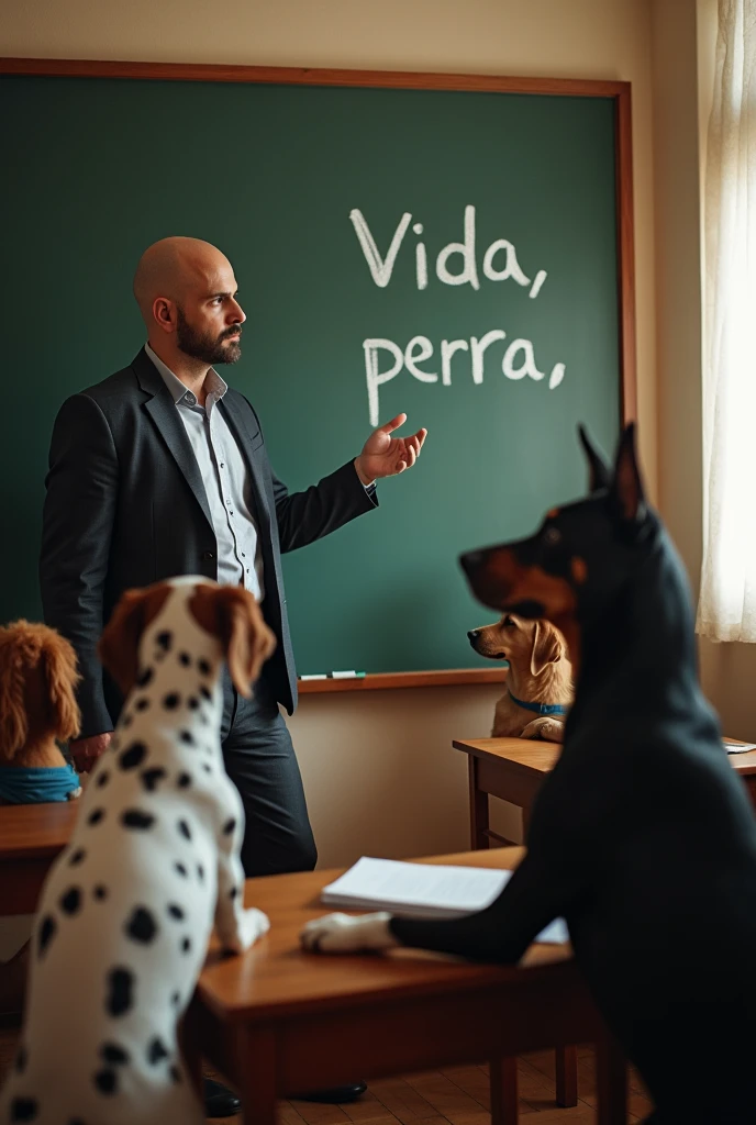 An attractive teacher bald and without beard, points to the blackboard on which we can read two words in Spanish, one is “VIDA” and the other is “PERRA”, written in white chalk. We can see his students from one side looking at him attentively, they are sitting and they are 3 dogs, a cocker spaniel, a Dalmatian and a Doberman.. Indoors, soft lighting, window with sunlight,, realistic, intricate details, warm colors. This is a real photo taken with Panasonic Lumix DMC-FZ2000