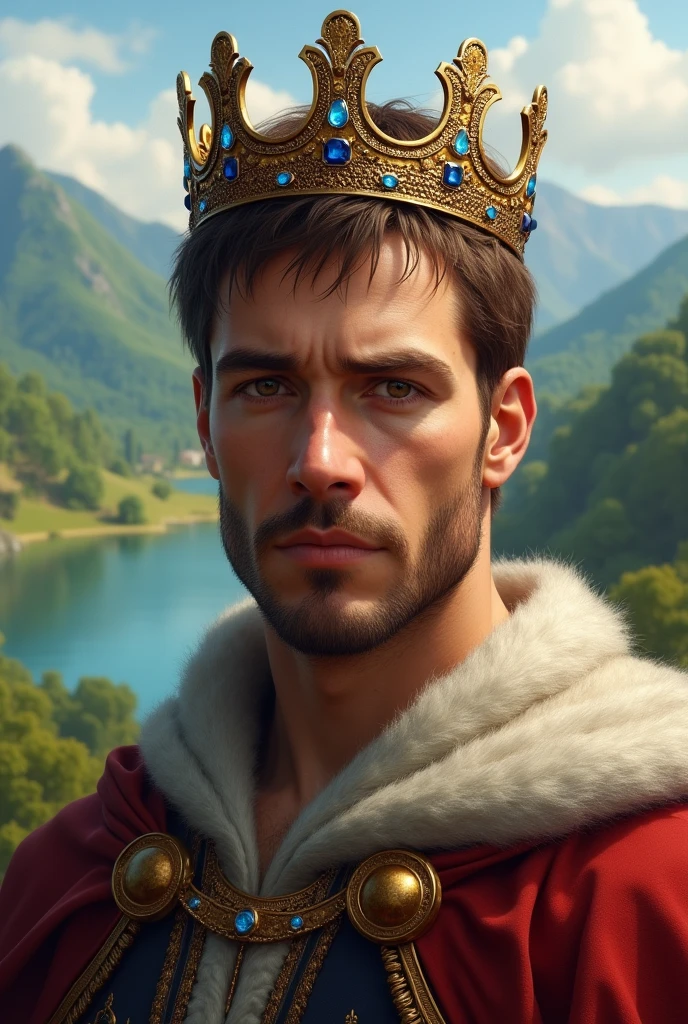 man, Brown hair, Short, 35 years in a beautiful landscape, Realistic shape, Portrait of the King, crown, serious look, European Origin