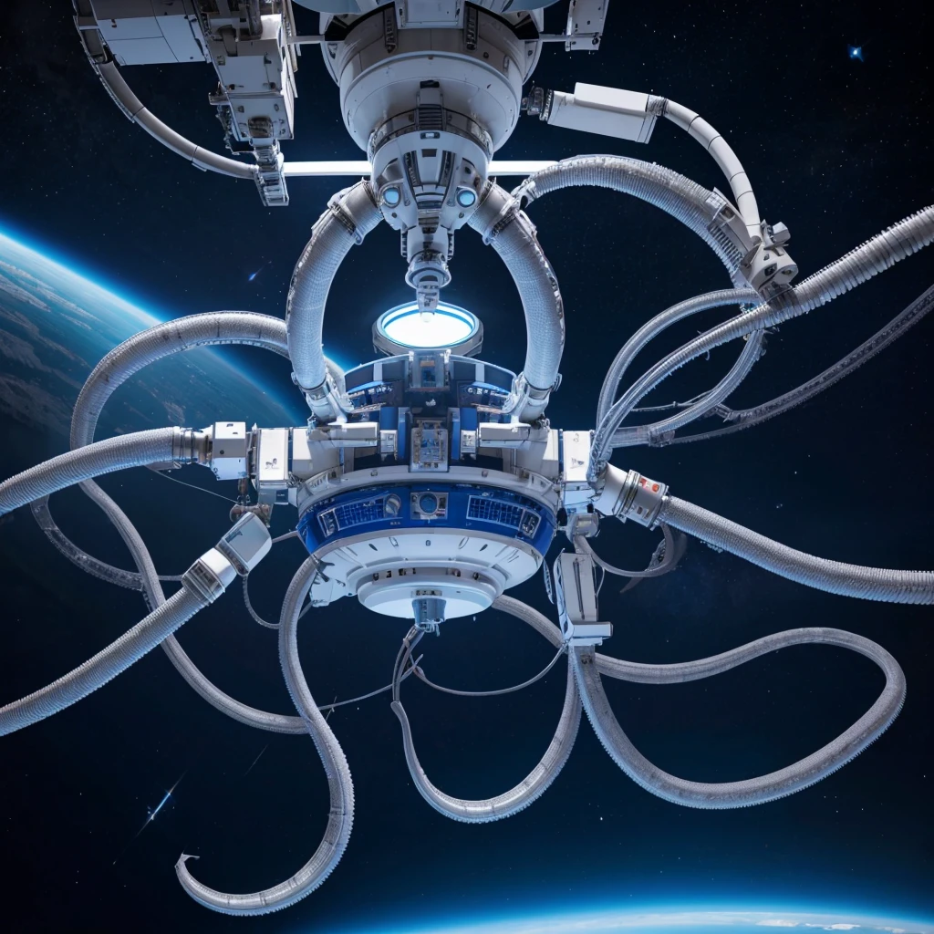 White high resolution 8k image of a Robot with a mechanical tentacles in space station. Extremely detailed image which is minimal and focusing on the robot.