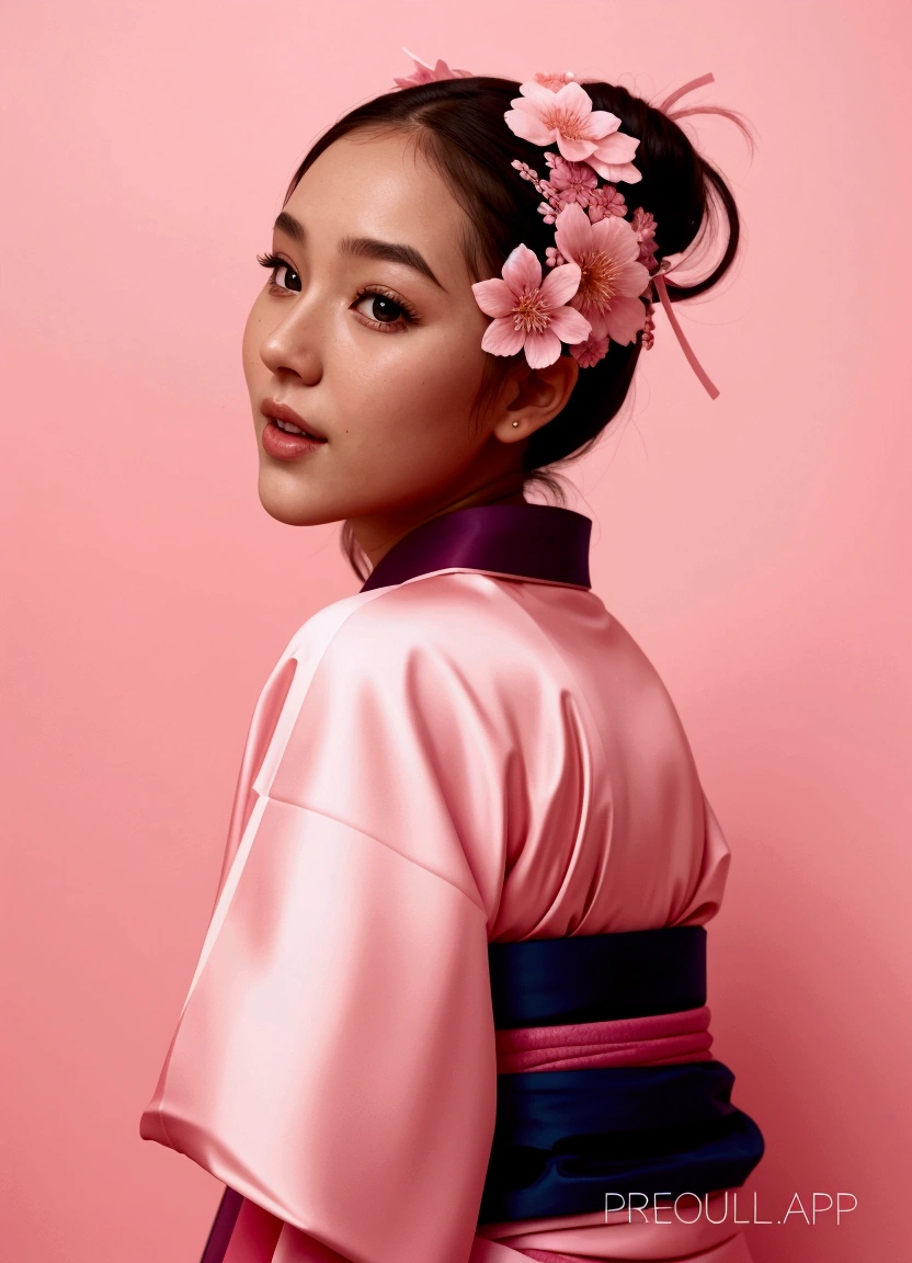 The girl is wearing a pink kimono