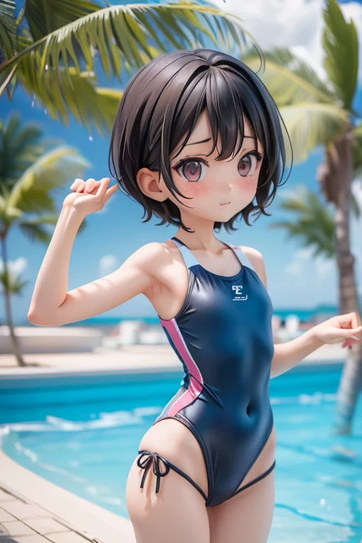 Swimsuit、bikini、Girl、Girl、Primary school students、slender、Slender、Black Hair、Short Hair、The forehead is visible、Forehead、whole body、
