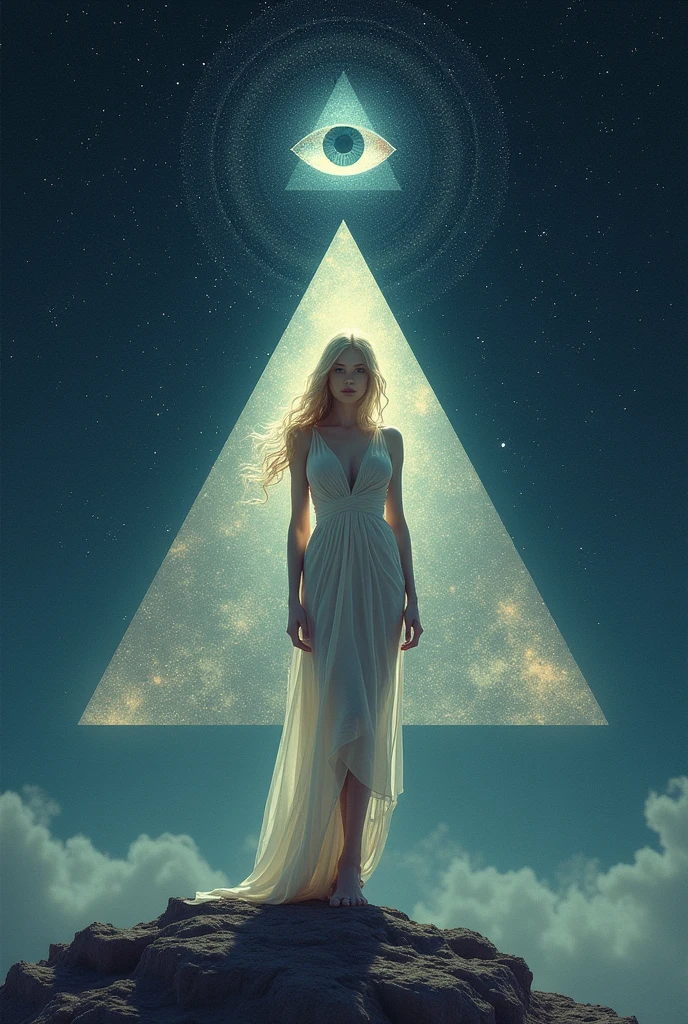 label for beer "MONJE OF SKY": central character: A pretty woman, 200cm tall wide hips, beautiful and blonde in an elegant dress, barefoot looking at the camera. Symbolic Element: The woman is located inside an equilateral triangle, that stands out in the design. bottom: A starry night sky, using light and soft colors. Mystical element: in the sky, There is a second smaller equilateral triangle with an eye in the center (in the style "All-seeing eye").