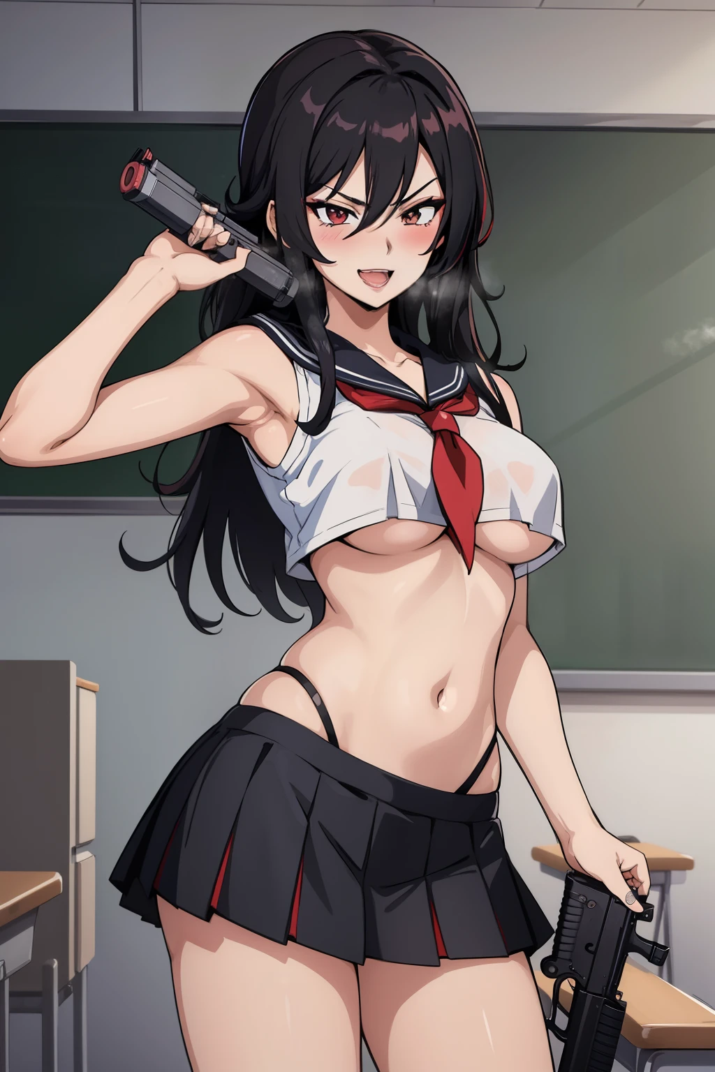 MadamePresident, black hair, long hair,, blush, lipstick, Hot girl, baddie, staring, glaring, bad attitude, mean girl, crazy, smoking, sensual, attractive, masterpiece, best quality, highly detailed, a anime girls in sailor uniforms with a gun posing for a picture,
evil smile, smile, open mouth,black_serafuku, ecchi anime style, anime girls , (nsfw) not safe for work,
ecchi style, ecchi, shipgirls, digital anime art!!, high school girls, holding a gun, hold a gun, anime style 4
k, micro skirt, exposed belly, exposed navel, exposed midriff, holding pistol,underboob,
exposed lower belly,school, classroom