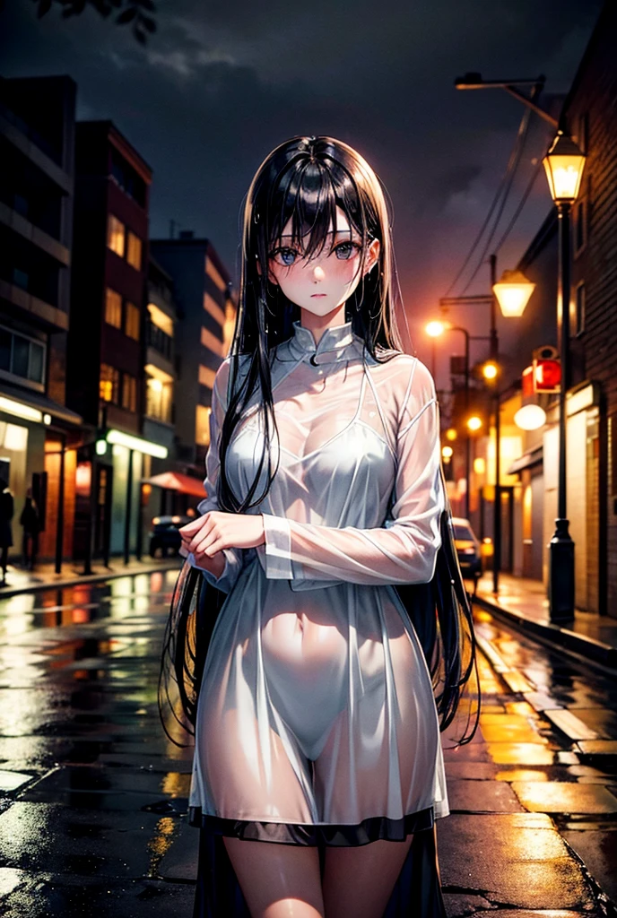 Quiet Rainy Night、On an old road at night lit by streetlights、A woman with long, wet black hair is standing there.。she、Dressed in white attire、Pale skin peeks through the sheer fabric。The figure is、It's as if they exist between reality and fantasy, like ghosts.。Raindrops running down her cheeks、In the cold light、Her wet hair absorbs the light as if blending into the dark night.。Her eyes stare into the distance、Although sad、There is a somewhat bewitching atmosphere。As I approached, drawn by his gaze,、she微かに微笑み、The movement of her lips makes a whispering sound,、Her voice was drowned out by the sound of the rain、It feels like something that happened in a dream.