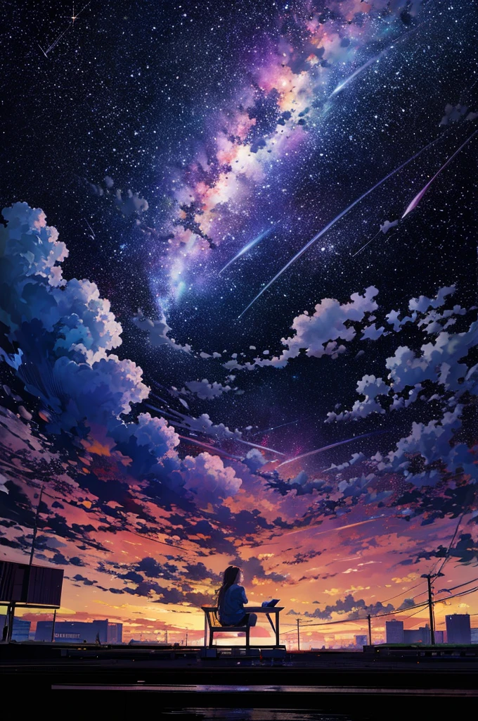 octans, sky, star (sky), scenery, starry sky, night, 1girl, night sky, solo, outdoors, building, cloud, milky way, sitting, tree, long hair, city, silhouette, cityscape