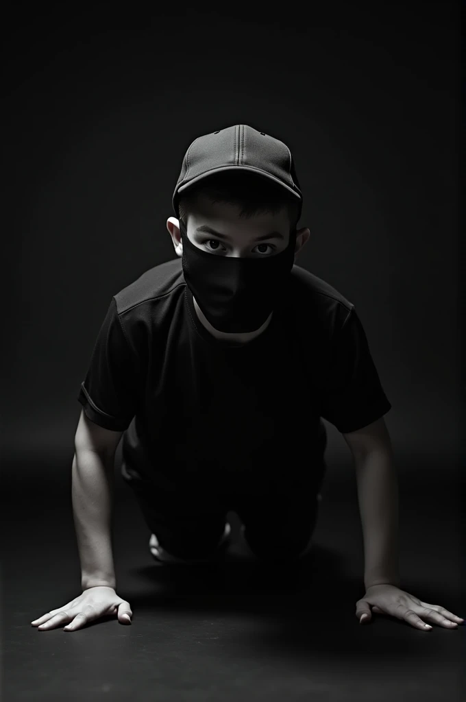 A Boy Wearing Black Aesthetic Mask And A Black Cap Doing One Finger Pushup