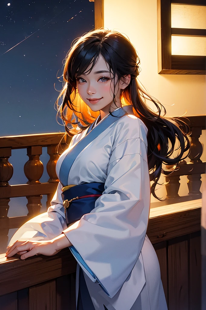 A bust-up of a smiling beautiful woman in a kimono cooling off on a balcony on a moonlit night