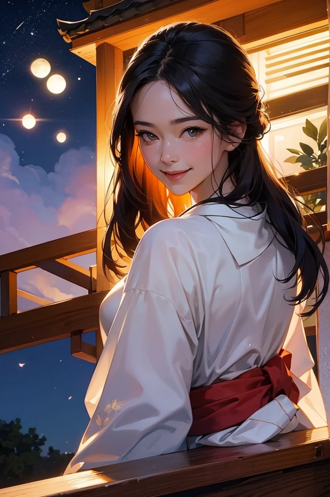 A bust-up of a smiling beautiful woman in a kimono cooling off on a balcony on a moonlit night