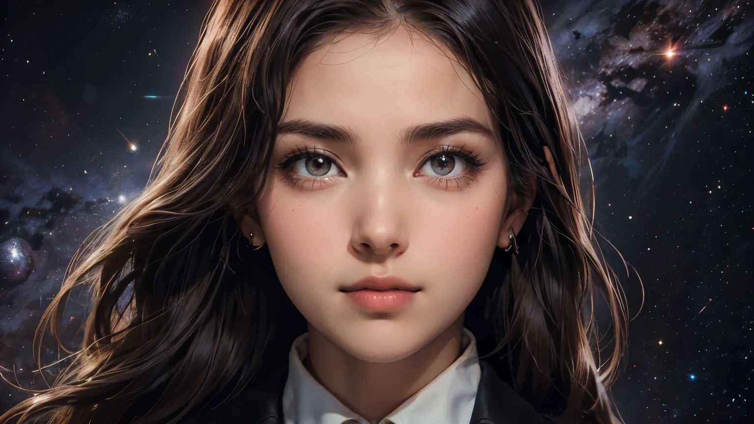 A beautiful woman. Dark brown hair. Mid twenties. She is looking at the camera with a serious expression. She is wearing a black business suit. An image of outer space and four-dimensional space-time in the space behind her.