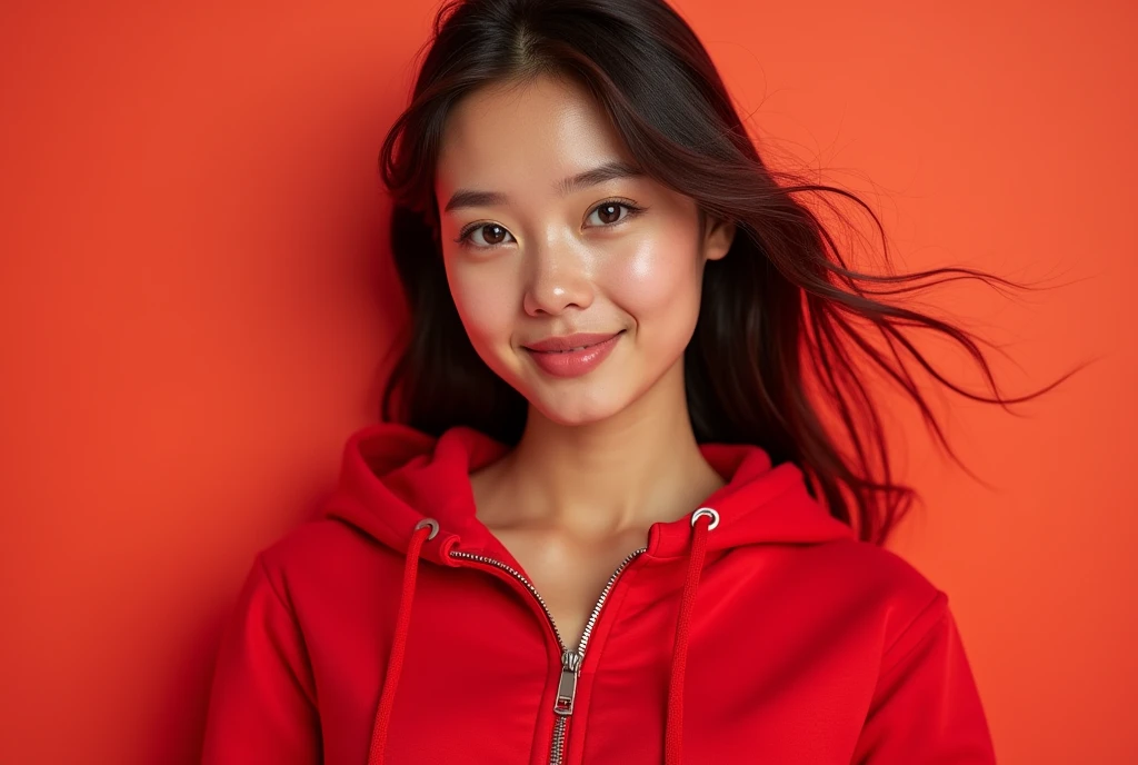 beautiful young woman hoodie mockup cropped hoodie mockup with zipper light red background . Use Canon EOS 5D Mark IV with 24-70mm f/2.8 lens. Settings: ISO 100, f/8 aperture, and 1/125s shutter speed to capture sharp, brilliant images with wide depth of field.