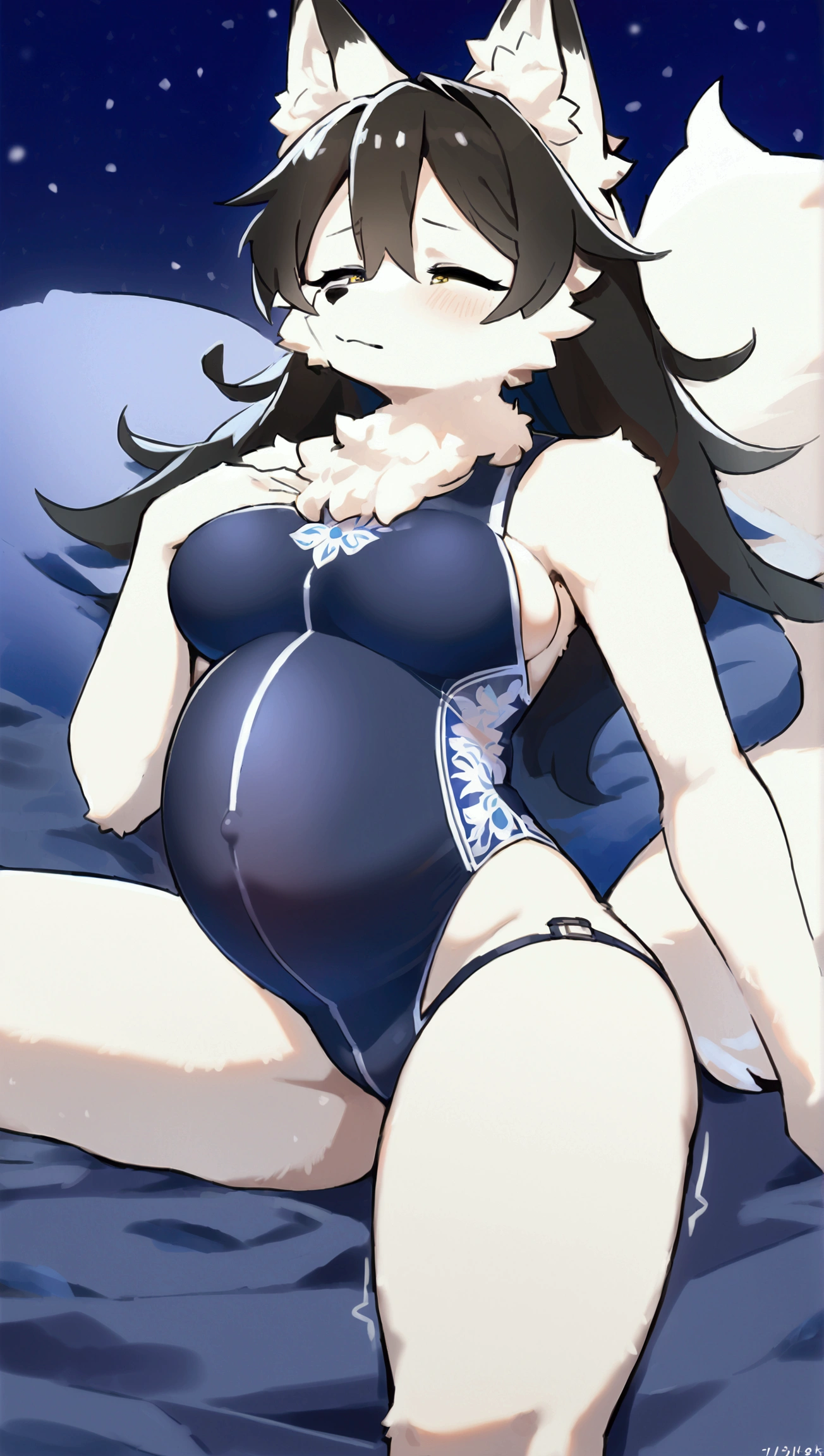 (top quality, best quality, High-quality illustrations, masterpiece, 16k, 1080p, uploaded on e621)(kemono, furry, anthro, alone), round, 1 female, hot mother figure, very detailed body face and eyes, white fox, Tiare, (Alchemy Stars), white fur, fluff, average breasts, tail, perfect eyes, yellow eyes, black hair, beautiful winter one-piece swimsuit, winter jewelry, beautiful snow night, body movement, body twitching, body trembling, beautiful pregnant, nervous, panic, quick breathing, moan, strong contraction, feeling not well, lay down, spread legs, eyes closed, labor