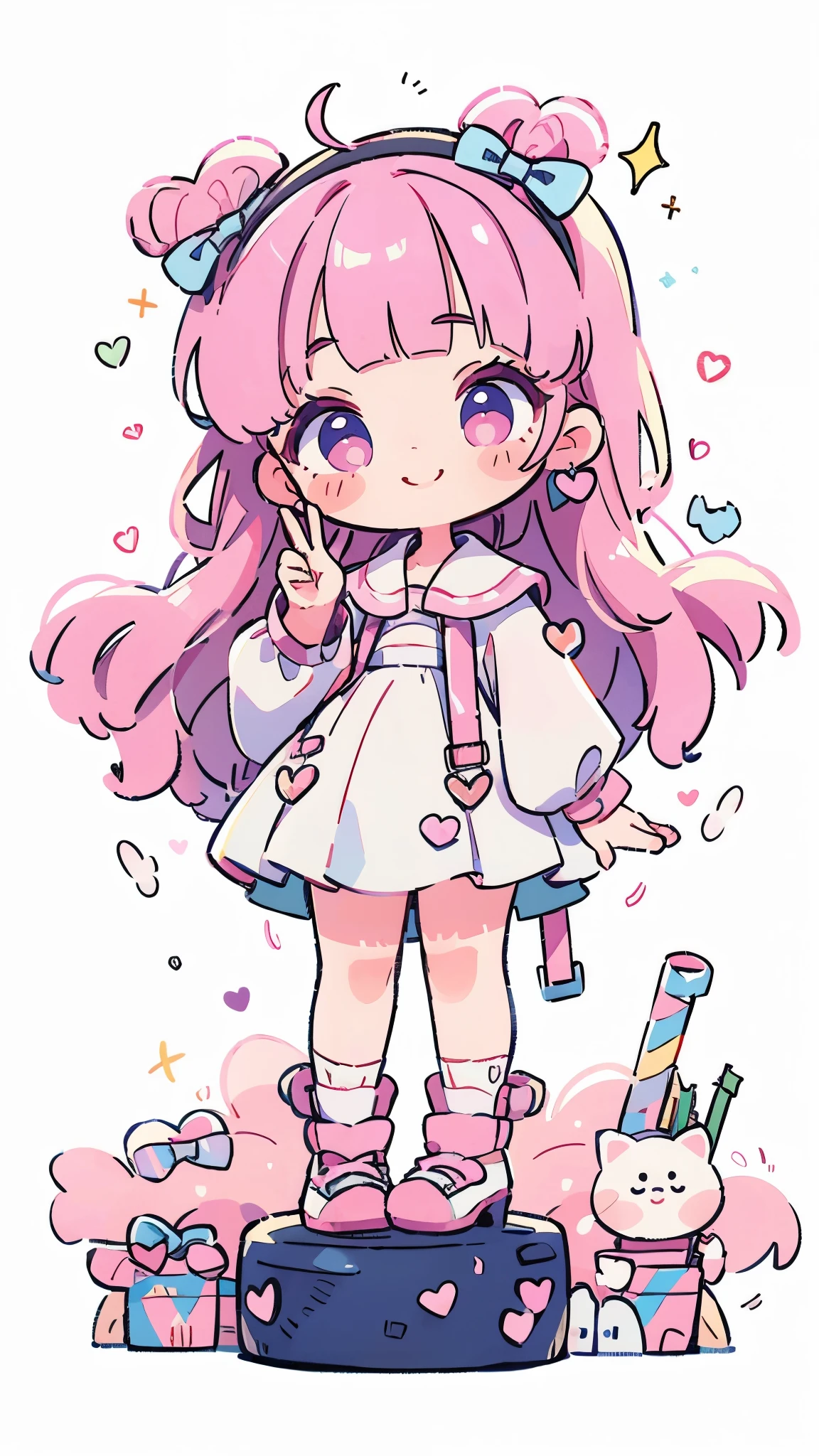 ((from front)),
((chibi)),
((peace sign)),
high resolution,smile,woman,woman1人,adult,Clear,cute,Put your hand on your cheek,
blunt bangs,Pink Hair,wavy hair,long hair,BREAK,
Pink eyes,Sparkling Eyes,BREAK,
((Landmine fashion)),
Pumps with thick soles,
Ribbon barrette,Heart Earrings,BREAK,
dreamy,BREAK,Pink hearts on a white background,