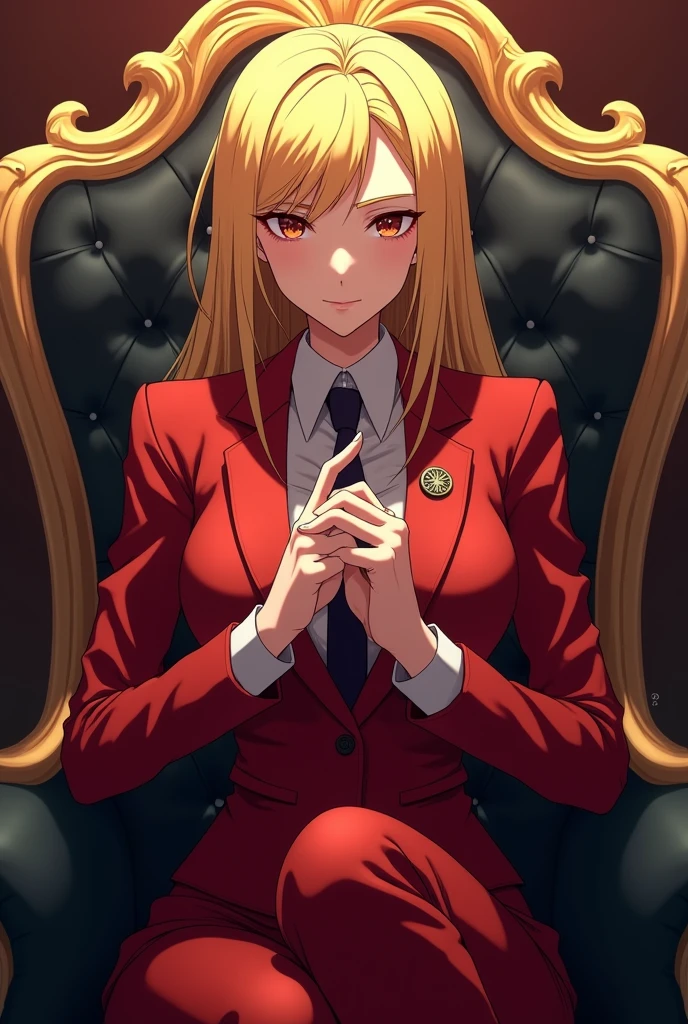 Anime businesswoman with blonde hair and red suit with symbols on her hands sitting on chair