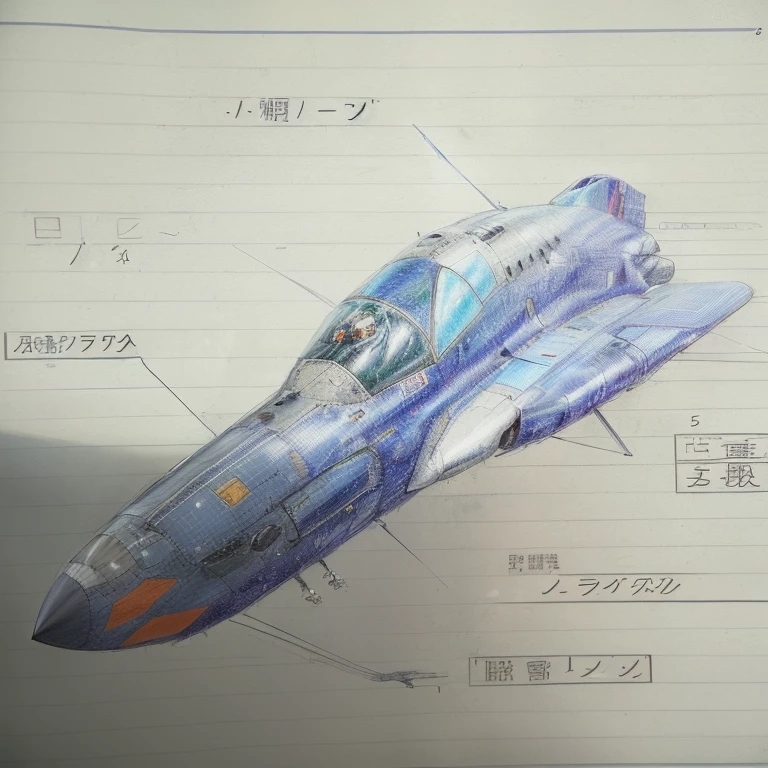 A picture of a jet plane with a blue fuselage and an orange tail, Macross Style, Clear Eyes concept art, by Ayako Rokkaku, Evangelion-style eyes, Spacecraft design, Evangelion concept art, Inspired by Yoshiyuki Tomino, 【 sciart 💙💜 mson, 5th generation fighter, by Un'ichi Hiratsuka, By Yoshiyuki Tomino