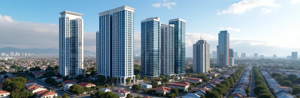 "It generates an aerial view image of an avenue in the city of Arequipa. In the foreground it shows skyscrapers standing out among simpler houses. Of those skyscrapers: - 2 must be residential, white with blue stripes. - 3 must be offices with reflective facades. - 3 must be hotel and commercial, with an elegant and striking design. The buildings have separation between them. "The buildings should be the main focus of the image, while the surroundings should be less prominent."