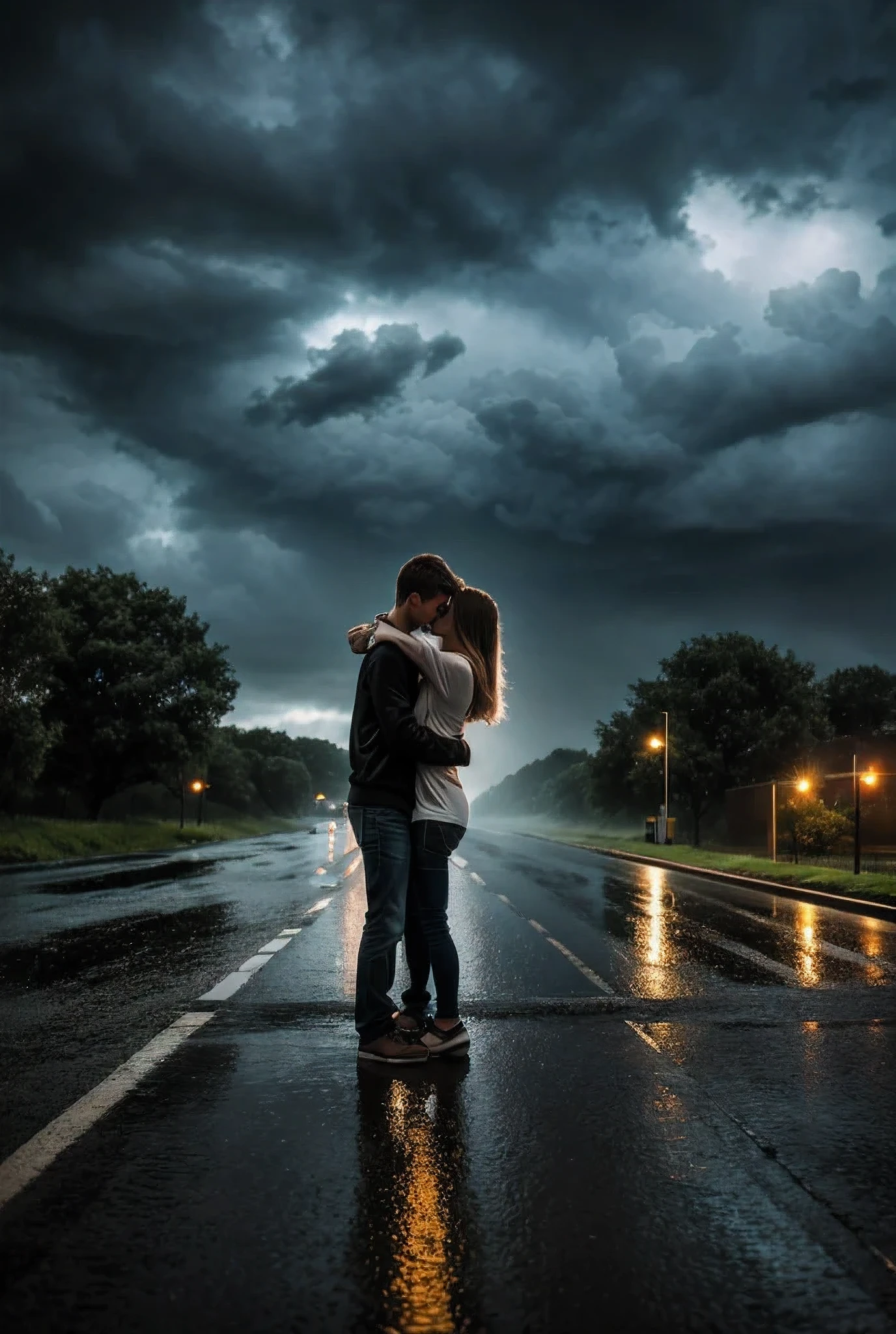 a teenage couple hugging each other in the rain, rain drops falling on the road, street lights, grass on the road, water on the road, detailed textured skin, high resolution, masterpiece, accurate, UHD, long hair, short hair, blonde hair, black hair, wide shot, feet out of frame, dramatic lighting, moody atmosphere, realistic, photorealistic, hyper detailed, cinematic composition, dramatic lighting, dramatic sky, dramatic clouds, dramatic rain.