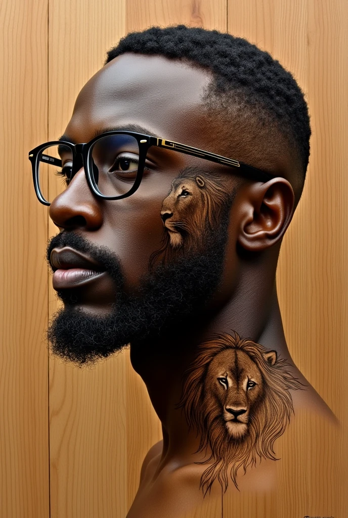 A dark-skinned man with glasses and a short, shaved beard, pyrography of a lion on wood, as if it were tattooed 

