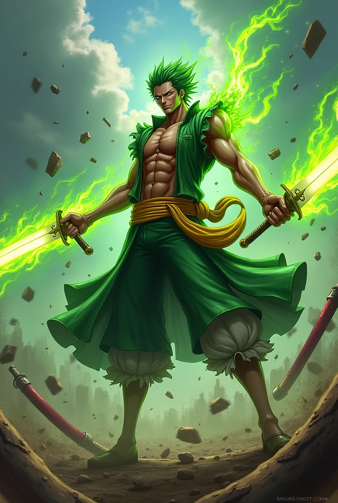 One piece's roroana joro Stan in battle with hold his three sword with green flame blade and with smile