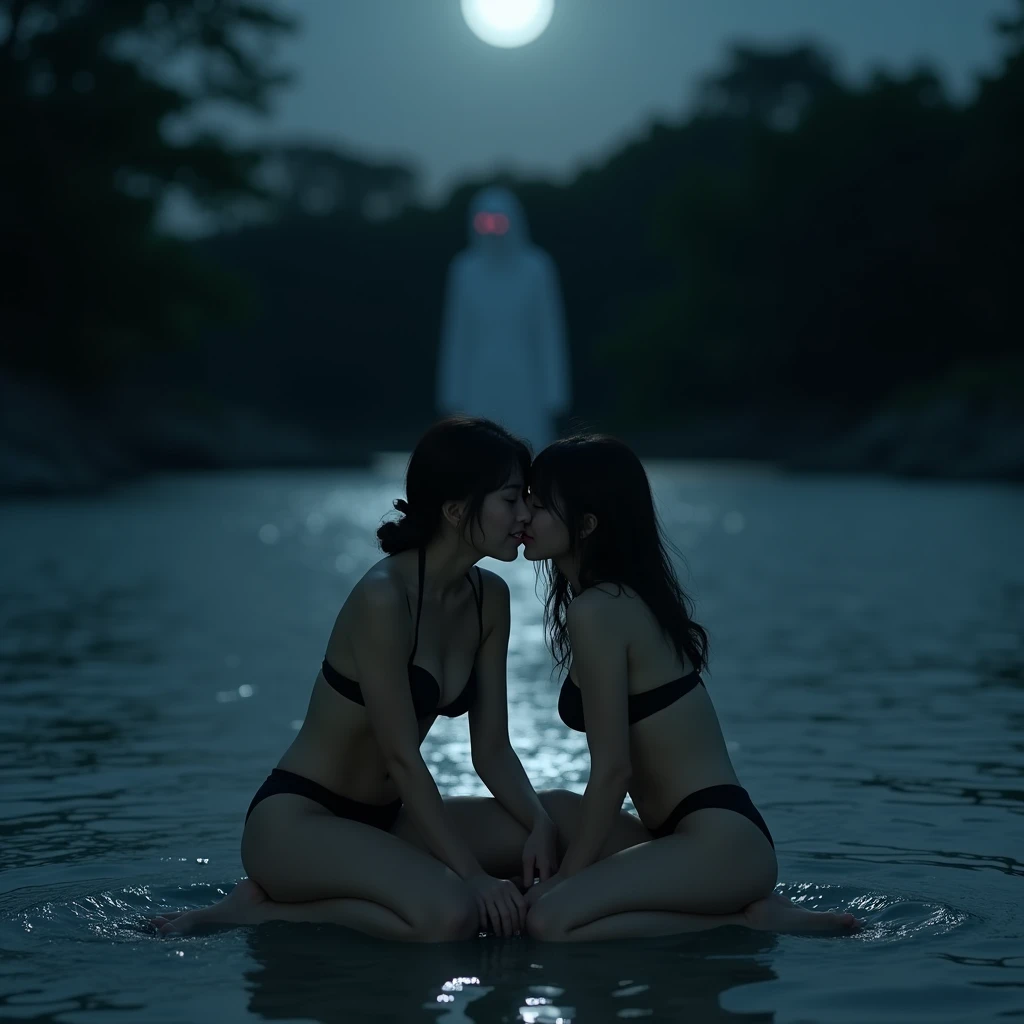Japan horror movies, Live-action film, Realistic, It's not an anime movie., The lead role is a Japanese idol, A scene of a couple kissing while sitting on the shallows at night., Screen viewed from the front, They are both wearing swimsuits., The moonlight shines on us, The faces of two happy people, I can see something non-human in the darkness of the trees, 10 meters behind me., Behind the couple, A white mist-like form of a person, floating in the darkness., Red eyes glow dimly., UHD, masterpiece, anatomically correct, textured skin, high details, high quality