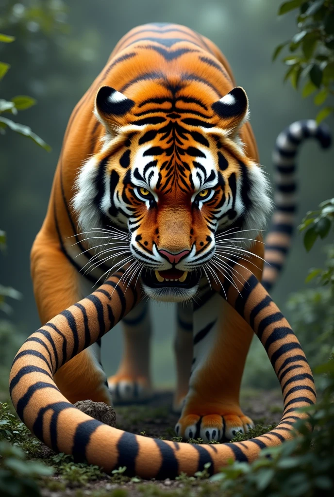 Tiger bites his own long tail