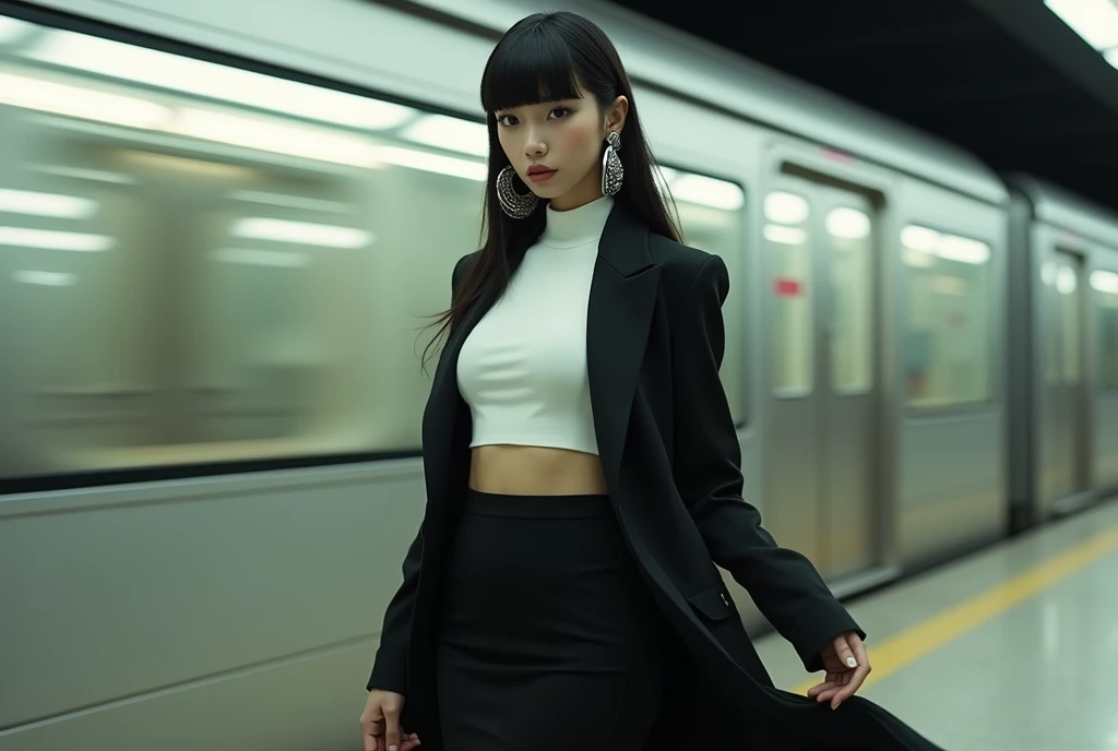 (Blunt bangs, Princess Bang))), (((Very heavy,Voluminous bangs:1.1))),(((very long, Very heavy,Very voluminous side locks:1.1))),, Hime cut, Straight bangs hairstyle, People with round faces and plain bangs, dull with long hair、Bangs cut straight,))High Fashion Portrait, (Highest quality, detailed,masterpiece:1.2), Realistic, 1 person, Beautiful woman, Full Body Shot, Fashion Model, Dynamic pose, break small head, break (detailed buttocks, detailed legs, detailed body line, tight small breasts, Very small waist, Tight little ass, Beautiful muscular legs, Beautiful legs, Creates a sculptural beauty:1.2), Beautiful white, silky skin, A slim and beautiful neck, (Full Body Shot, Dynamic pose:1.2), break Opt for a sleek, (((Black Japanese style jacket, White long dress shirt,Black long skirt,Black boots,His hands are in his jacket pockets))) Accessorize with an abundance of statement jewelry, Includes large silver cufflinks, oversized hoop earrings, Sharp angles and a sleek finish give it a futuristic feel., break small head, detailed face, ((Full body photo))((Directly facing)))looking at the camera,masterpiece,Highest quality,8k,クレイジーなdetailed,複雑なdetailed,超detailed,super quality,High detail(((The hem of her skirt flutters in the wind as the subway passes by.,))Costume,))looking at the camera(Realistic、Realistic:1.37)、,Highest quality, figure, 超detailedな, finely, 完璧なダイナミックな構figure, ((Photographed inside a subway station,A subway passes behind the female model,The subway is blurry as it passes by.)), Beautiful and fine details,Expressionless,, ,20 years old,Model body type,, ,Women are paying attention, Her face is beautiful and delicate,Showing an otherworldly beauty。,A female model standing in a pose on the subway,, Fashion Model,looking at the camera,masterpiece,My hair is blowing in the wind as the subway passes by,A bit backlit,The tip of her hair is visible,
