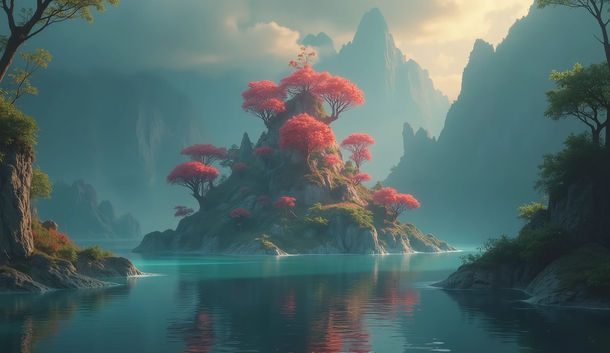 A small island with many colorful trees, Matte inspired by Mike Winkelmann, Popular on CGsociety, Fantasy Art, beeping sounds and mike winkelmann, Philip Hodas&#39;s Artistic Style, Epic dreamlike fantasy landscape, realism | beeping sounds, beeping sounds global illumination, beeping sounds daily art