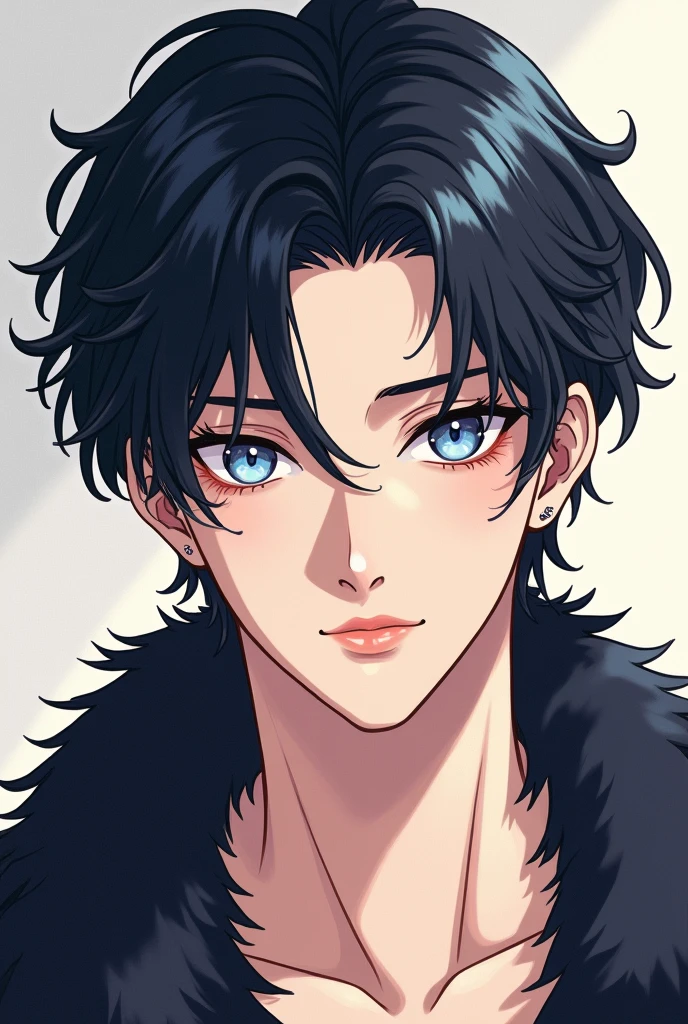 Generates a manhwa-style image of a  man with smooth skin, wavy black fur, small eyes, pastel blue pupil, visually appealing 