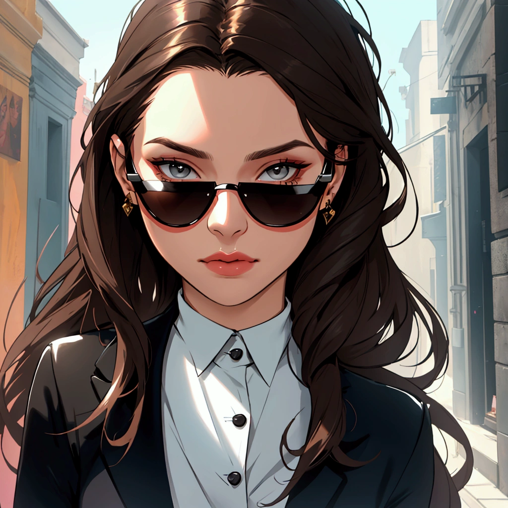 Create profile of young woman with dark brown hair, to wear black sunglasses