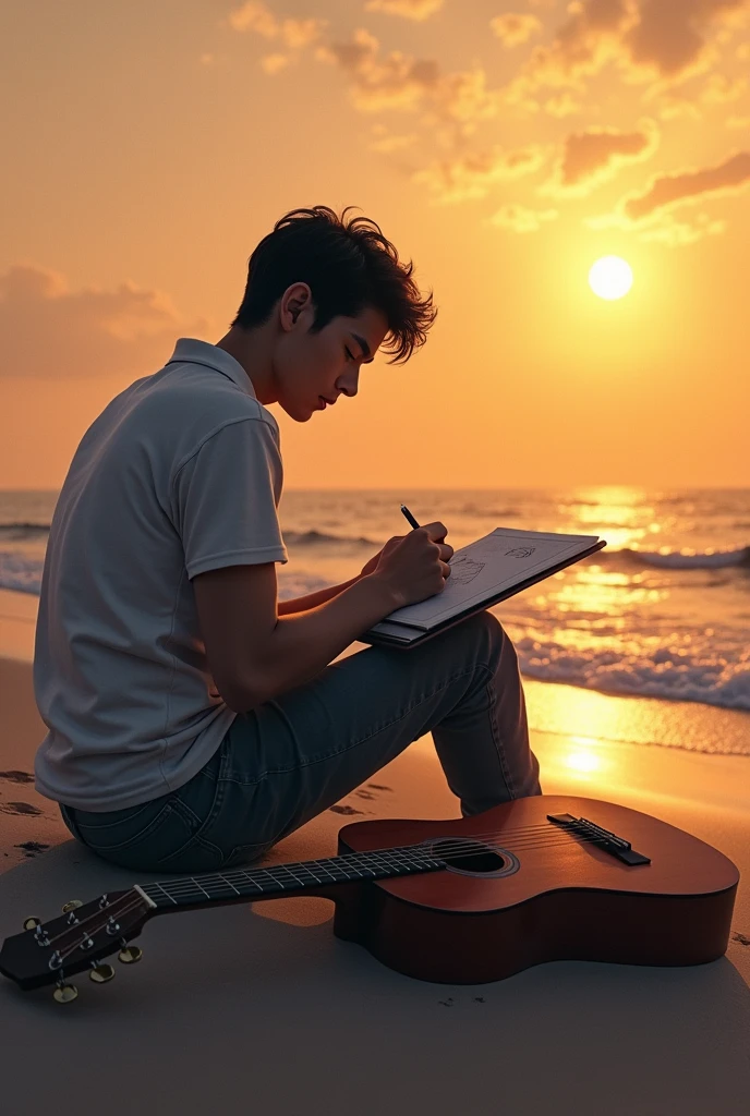 Create A young man sitting lonely in the beach in the evening time with paper ,guitar pencil drawing