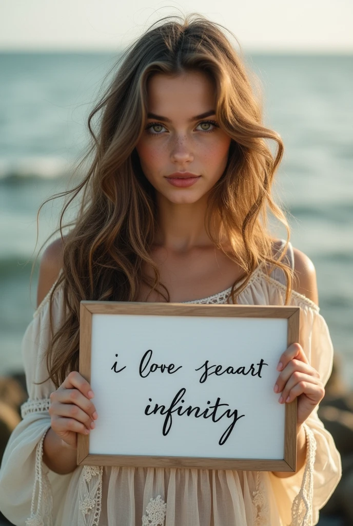 Beautiful girl with wavy long hair, bohemian dress, holding a white board with text "I Love Seaart Infinity" and showing it to the viewer