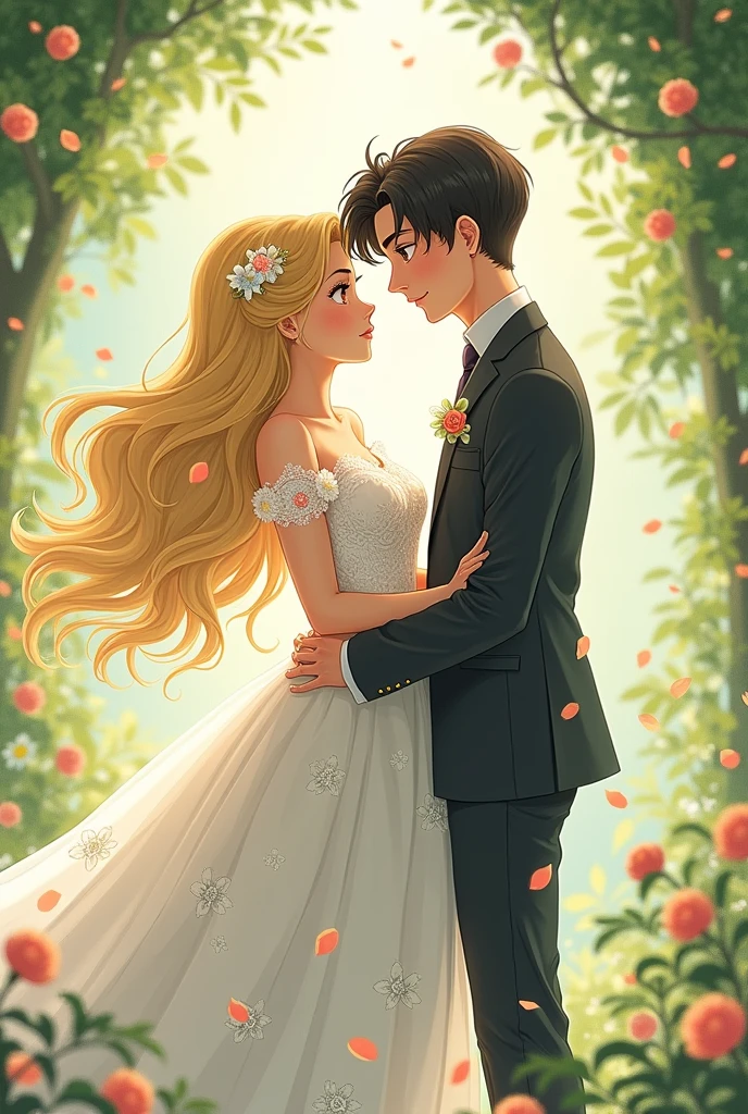 Give me a studio ghibli anime style illustration of a blonde haired girl that looks like Ariana Grande marrying a guy that looks like Enhypen&#39;s Sunghoon   