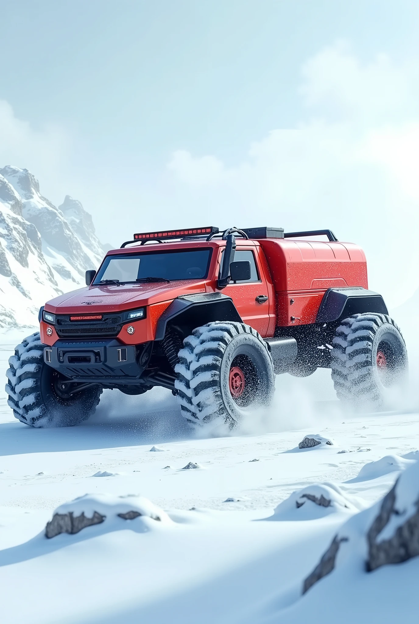 A car with red tank in snow