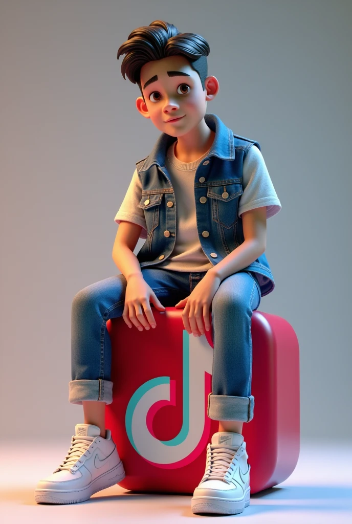 créez une illustration 3D d'un personnage aimée Assis de manière décontracté au-dessus d'un logo de media social « tik tok » le personnage doit porter des vêtements moderne et décontracté qu'une veste en jean et des chaussures de sport Nike air de couleur blanche. L'arrière-plan de l'image est une page de profil du media social avec un nom d'utilisateur “ Tarno Raoul/ 24k abonné" et une photo de profil qui correspond,