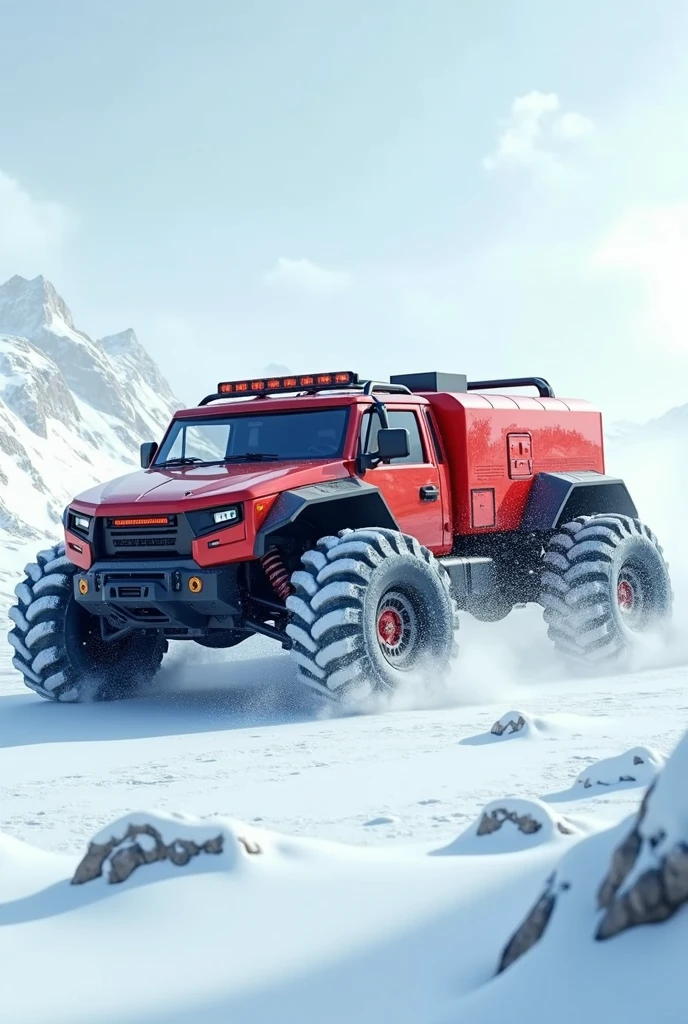 A car with red tank in snow