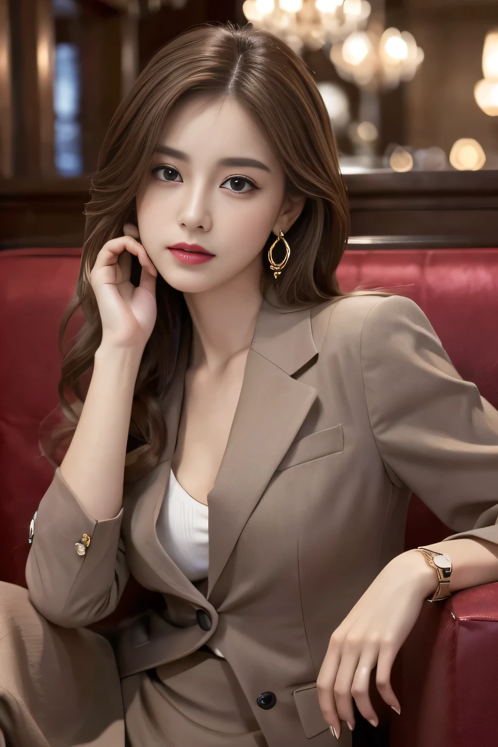 masterpiece, Highest quality, Realistic, Very detailed, Finer details, High resolution, 8k wallpaper, One beautiful woman, Wear a nice suit, In a great restaurant, At night, Light brown messy hair, Perfect dynamic composition, Beautiful and beautiful eyes、Big earrings、Sit on the sofa