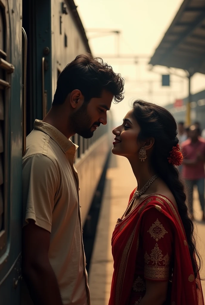 A couple in indian railway station men are in train and women are in the railway station say good bye both are emotional for long distance they both are very beutifull