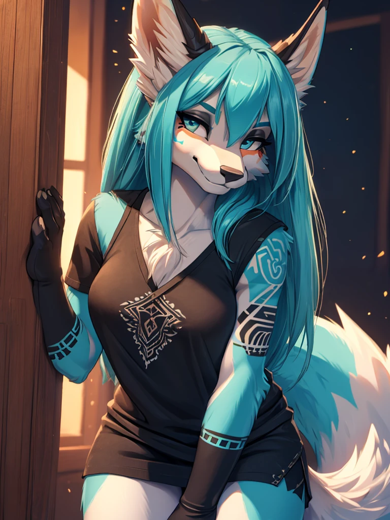 ((Nsfw)), ((masterpiece, best quality)), (anthro furry:1.3, snout:1.2, anthro:1.3, furry:1.2, closeup:1.4, solo female:1.2, 1 teen, neckline, leaning forward, half-closed eyes, smug smile), girl, Miku Hatsune, add high definition_detail:1, blue fur,kitsune ears, tribal tattoo add_detail:1, frente a un espejo, ropa casual  black blouse, licra mini short add_detail:1, maquillads bonito