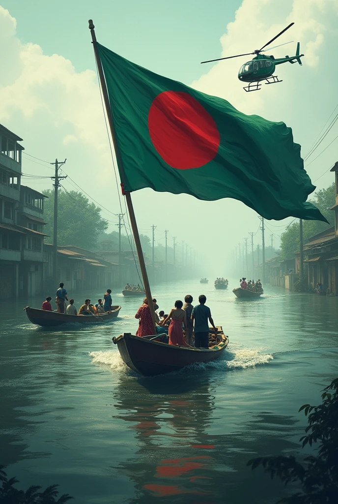 Bangladesh flag. Includes flood in the flag. People are helping each other using boats and helicopter