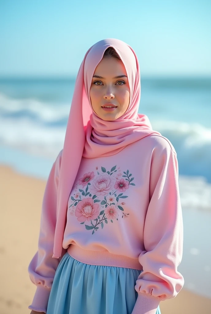 beautiful 1 hijab woman, (soft features), (long pink hijab), wearing (floral pink hoodie) and (blue long skirt), facing the camera, beach background,waves,blue sky, (bright color), (4K), capture cool shots that create beautiful results